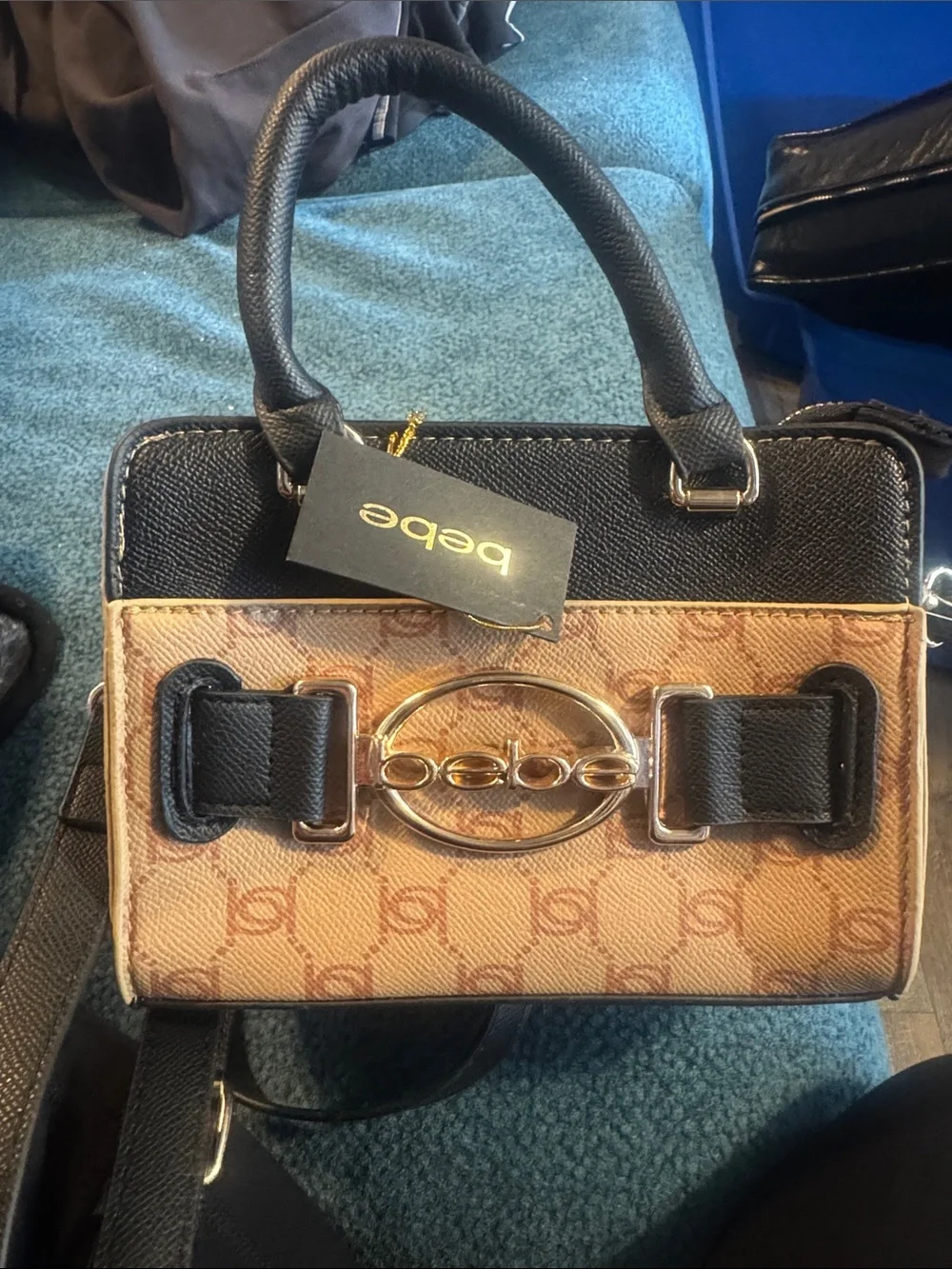 bebe Black and Tan Logo Accent Satchel